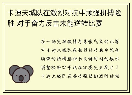 卡迪夫城队在激烈对抗中顽强拼搏险胜 对手奋力反击未能逆转比赛