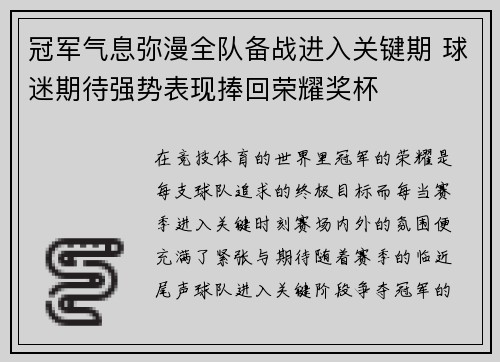 冠军气息弥漫全队备战进入关键期 球迷期待强势表现捧回荣耀奖杯