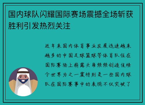 国内球队闪耀国际赛场震撼全场斩获胜利引发热烈关注