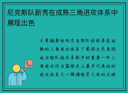 尼克斯队新秀在成熟三角进攻体系中展现出色