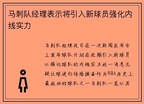 马刺队经理表示将引入新球员强化内线实力